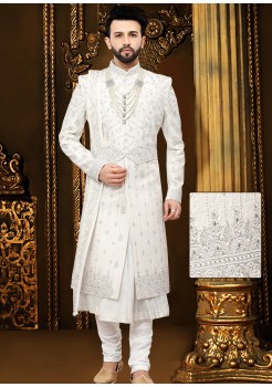 Designer White Nawabi Anarkali Style Sherwani 